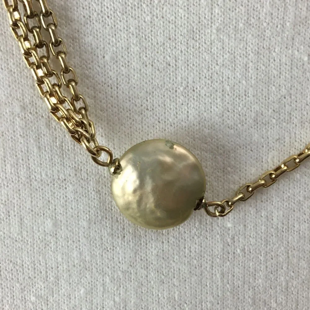 Anne Klein Vintage AK Faux Button Pearl Gold Tone Chain 36in Rope Necklace